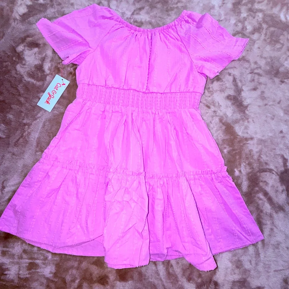 Cat & Jack Tiered Dress Girls S‎ 6/7 Pink New Smocked Waist Dobby Stripe
